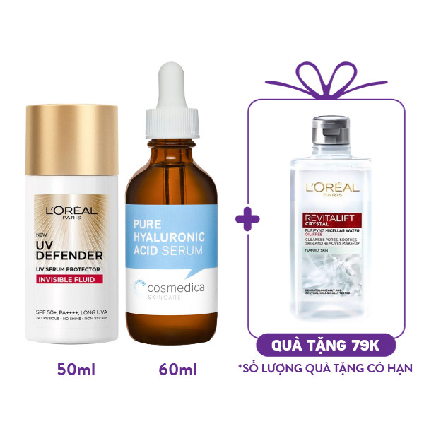 COMBO Kem Chống Nắng L'Oreal UV Defender Invisible Fluid (50ml) & Tinh Chất Cosmedica Hyaluronic Acid Serum (60ml)