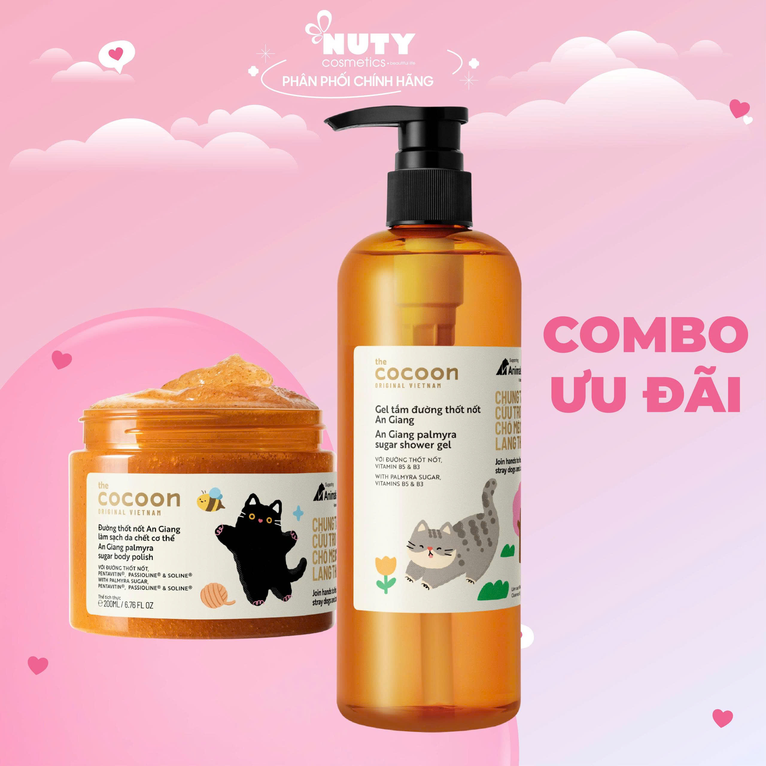 Combo Cocoon Gel Tắm Đường Thốt Nốt An Giang 500ml + Tẩy Da Chết Toàn Thân Đường Thốt Nốt An Giang 200ml